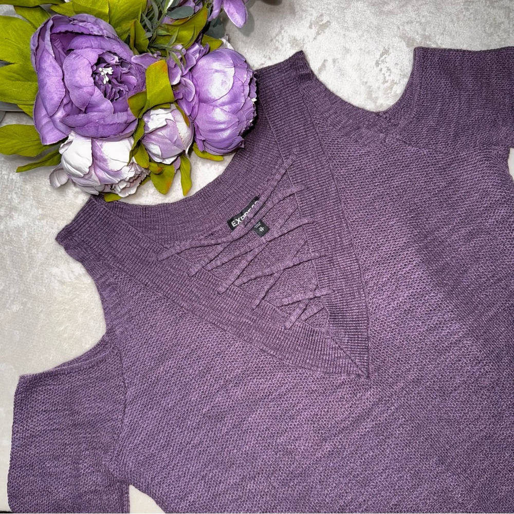 Express Purple Cold Shoulder Sweater with Crisscross Detail